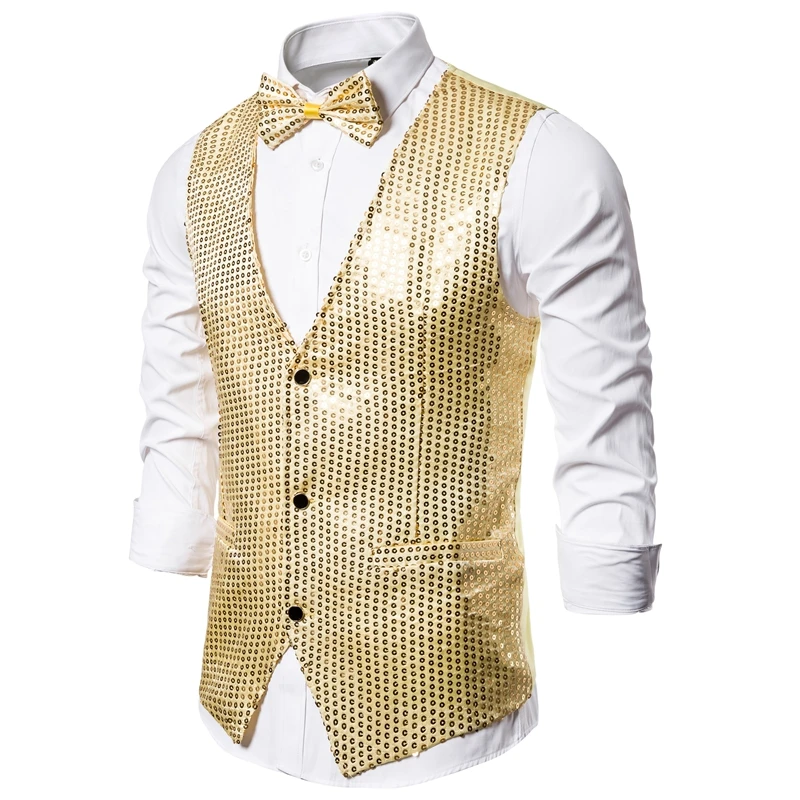 CYSINCOS Fashion Men Vests Suits Slim Sequins Gold Colorful Dj Stage Men Sequins Vests Free Shipping Plus Size S-2XL