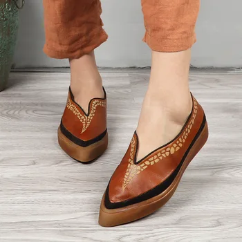 

Careaymade-Spring pointed shallow mouth retro hand rubbing and binding Japanese literature and art cowhide women's single shoes