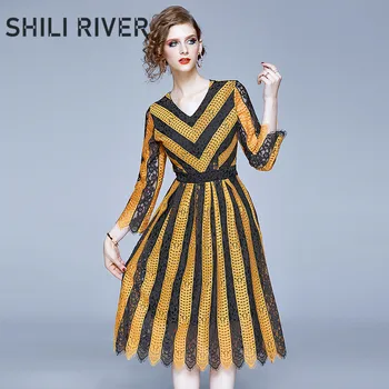 

2020 spring autumn designer fashion long dress for women long sleeve slim casual lace elegant stripe V neck dresses blue yellow