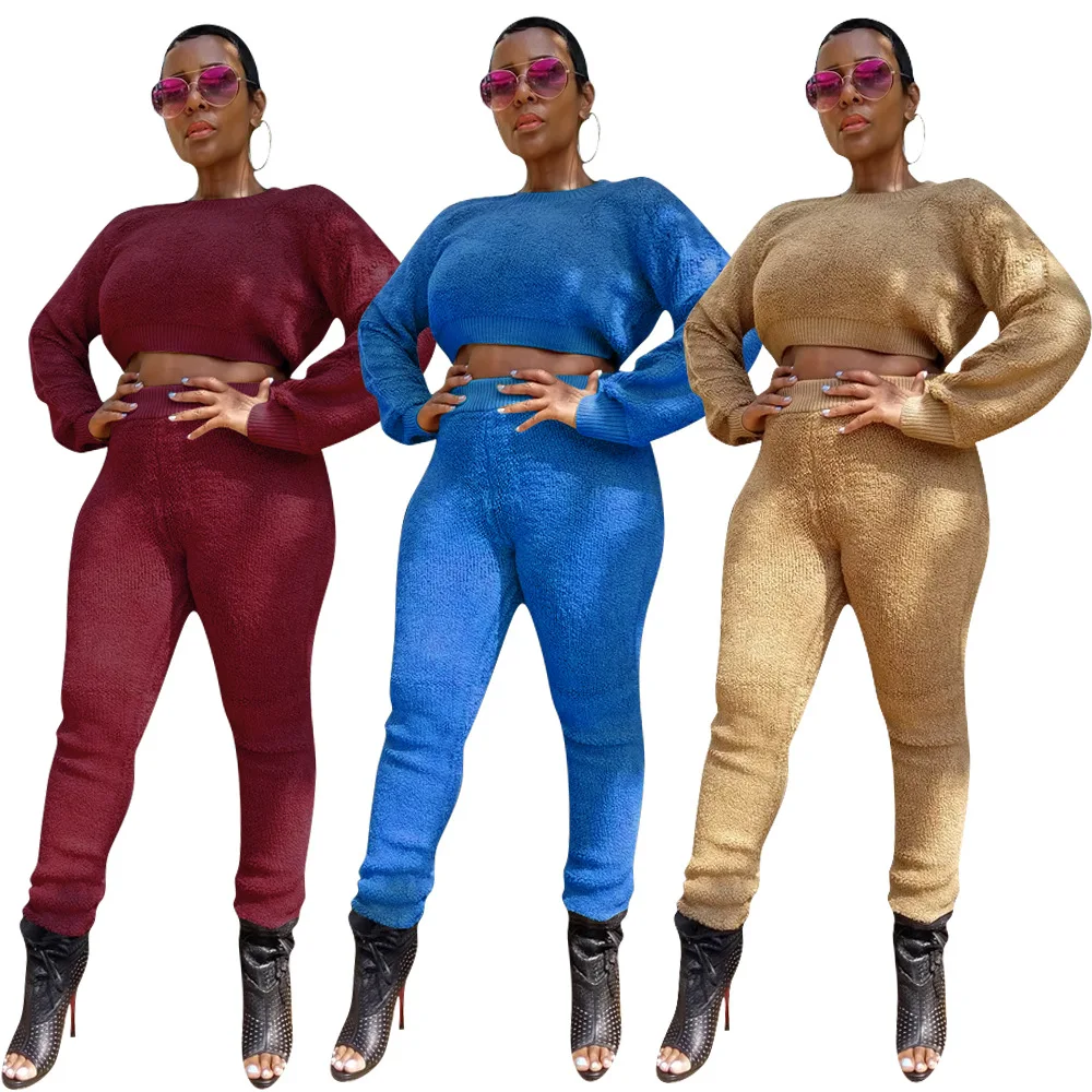 

2019 autumn and winter European and American women's new fashion temperament fashion plush two-piece suit 3 colors