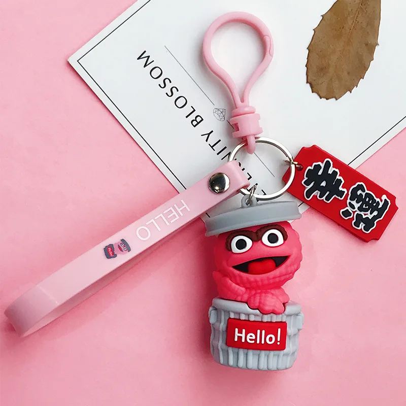 Fashion trends Sesame street cup Keychain Cartoon silicone leather key chain women Bag Pendant Figure Toys for kids gift - Цвет: Белый