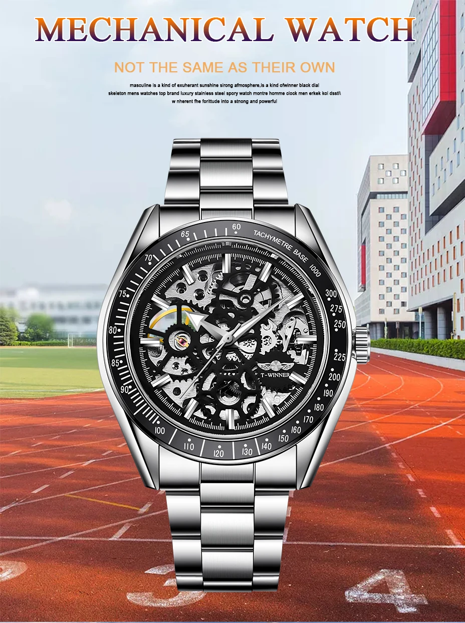 Top Brand Luxury WINNER Blue Glass Gear Movement Transparent Men Automatic Mechanical Watch Male 3D Skeleton Waterproof Watch