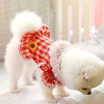

Pet Teddy Dog Dresses Lace Lapel Red Plaid Skirt Summer Dog Clothes for Small Dog Party Cat Skirt Chihuahua Puppy Pet Costume
