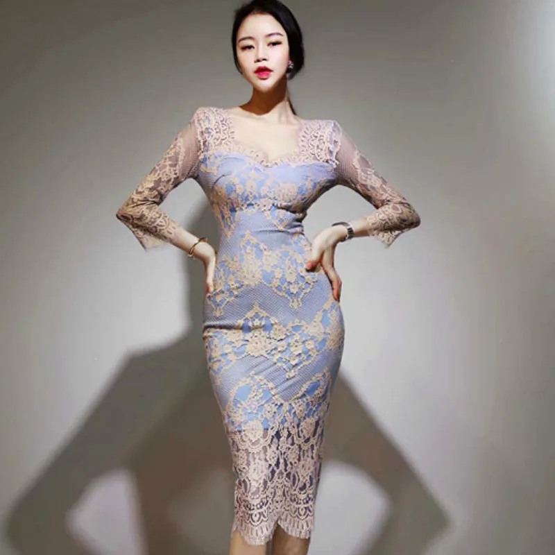 

Autumn 3/4 Sleeve Sheath Bodycon Knee-Length Sexy V-Neck Full Lace Party Dress