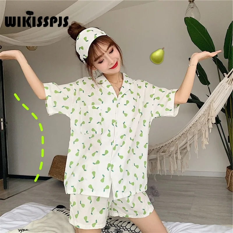 

WIKISSPJS Korean Pear Printed Home Wear Summer New Short Sleeve Comfortable Casual Girls' Pajamas with Eye Mask Set Loungewear