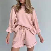 

Stylish Women Suit Solid Color Soft Skin-friendly Drawstring Two-piece Set O Neck Long Sleeve Top Shorts Suit for Daily Wear