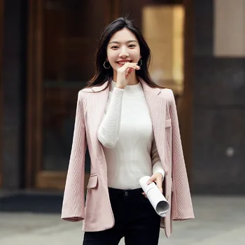 

Women's single coat 2019 autumn new temperament casual fashion solid color striped single buckle small suit women's shirt