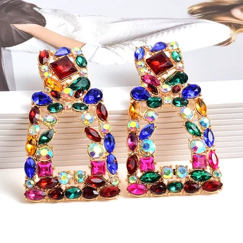 Wholesale ZA New Long Metal Hollowed-out Hanging Colorful Crystals Dangle Drop Earrings Fine Jewelry Accessories For Women