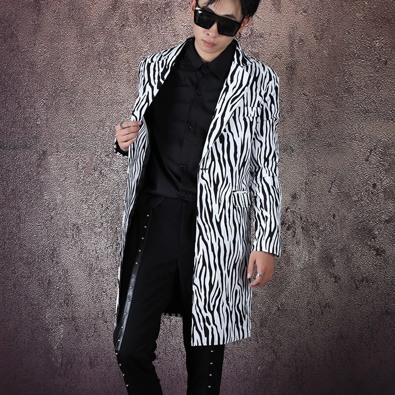 New Men Fashion Zebra Suit Jacket Mens Long Business Casual Suits Nightclub Tide Male Hair Stylist Coat Dj Stage Costume M-5XL