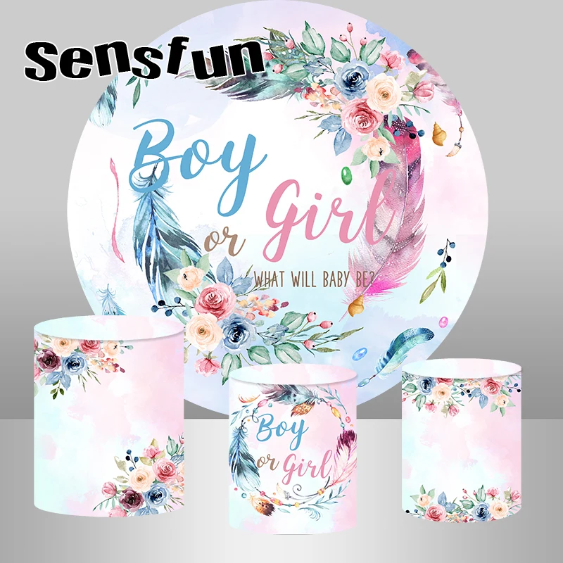 

Gender Reveal Round Backdrop Cover Flowers Feather Boy Or Girl Baby Shower Party Decoration Background Cylinder Covers