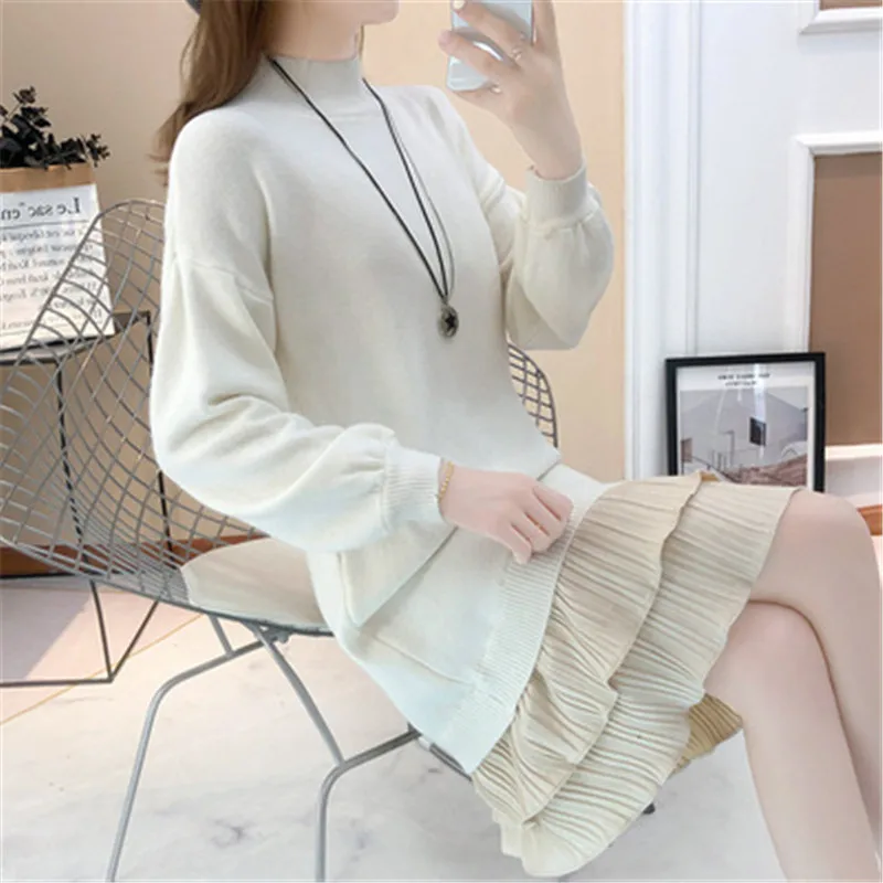 Turtleneck Sweater Dress Women Fashion Autumn Winter Knitted Pullovers Sweaters Long Sleeve Loose leisure Sweater G1268 - Цвет: white