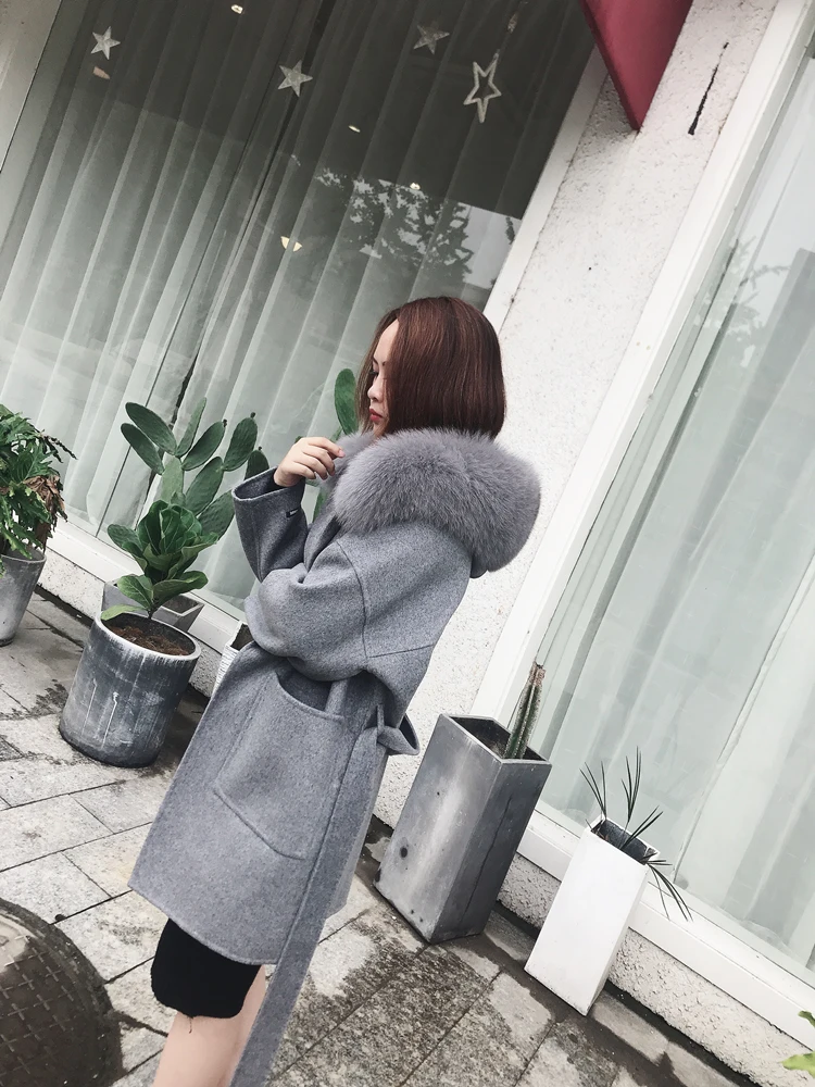 Women Wool Blend Coat fox Fur Collar Hooded jacket fashion new real fur coat long streetwear thick warm parka
