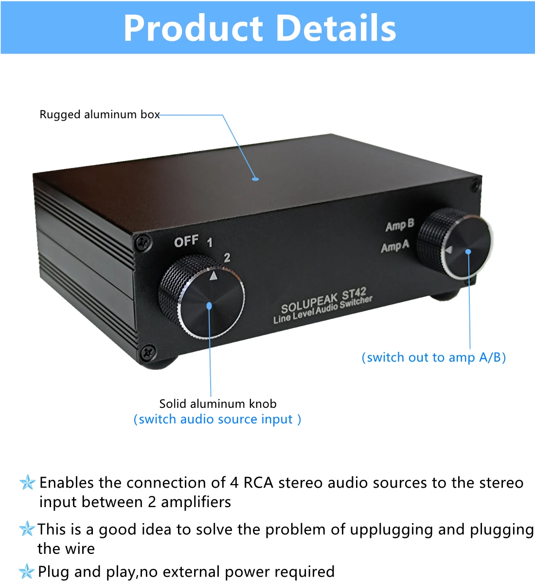 Solupeak st42 4-way rca caixa de seletor de sinal de entrada de fonte de interruptor de áudio estéreo, 2 vias linha roteador amplificador amp saída switcher