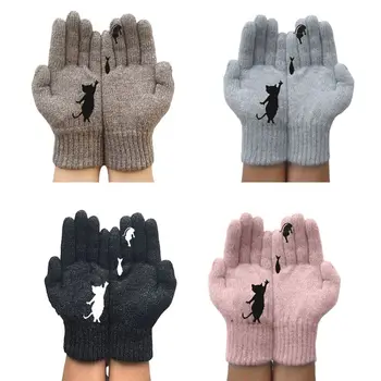 

Women Winter Thick Warm Knit Gloves Cartoon Cat Fish Irregular Patchwork Mittens