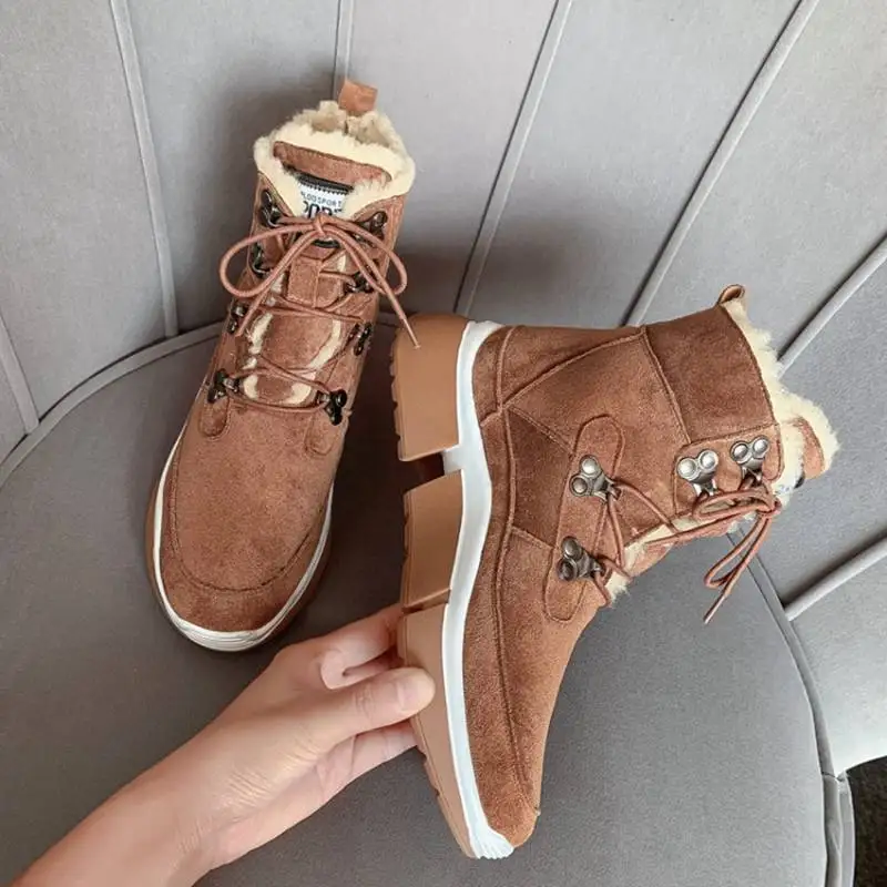 SIMLOVEYO Women's Ankle Boots Genuine Leather Fur Wool Snow Winter warm Boots Platform Bukle Elastic band Round Toe size 35-39