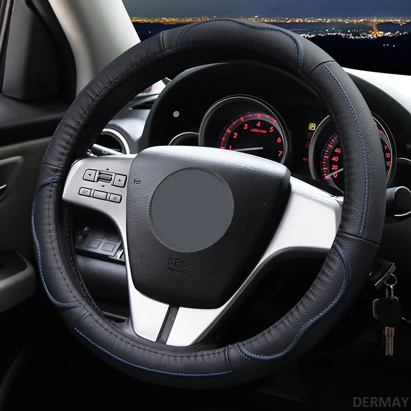 Натуральная кожа чехол рулевого колеса автомобиля нескользящий для Mazda 3 2004-2013 2009 Mazda Axela авто аксессуары - Название цвета: Black-Blue