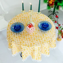 Nappe de table ronde en coton et lin avec pompon, cercle de noël, flocon de neige, cerf, serviette de couverture, décoration de vacances pour la maison