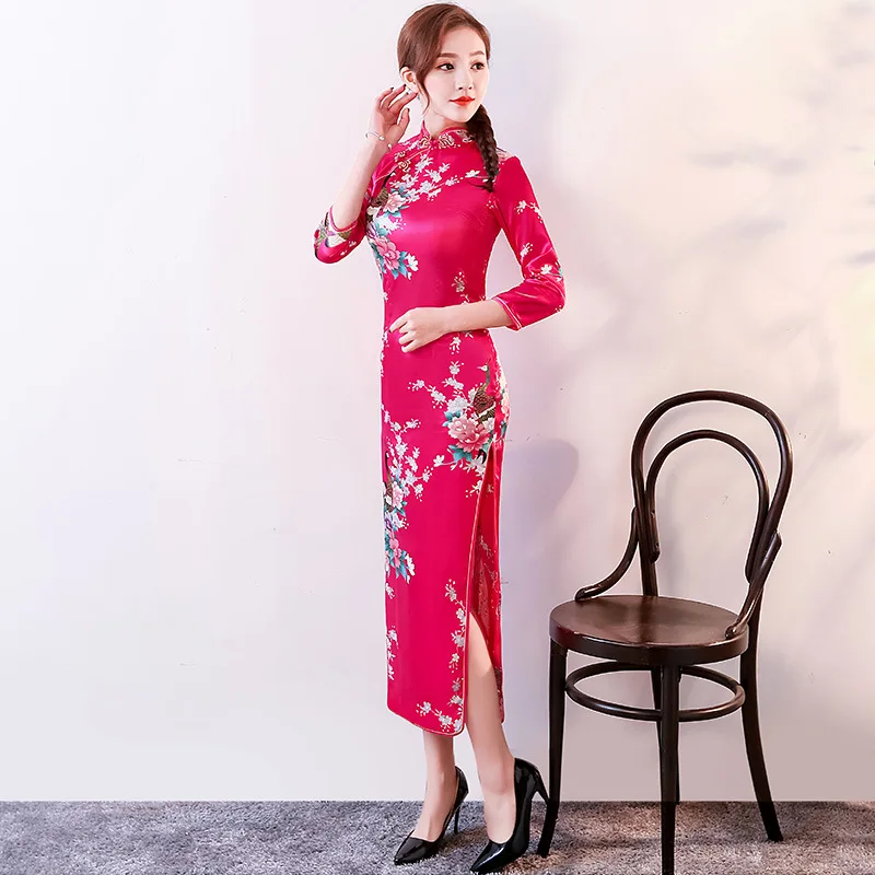 Традиционное китайское Ципао платье для женщин атласное Павлин длинное китайское платье-Ципао с рукавами платья для вечеринки свадьбы одежда для взрослых S-6XL - Цвет: Rose red