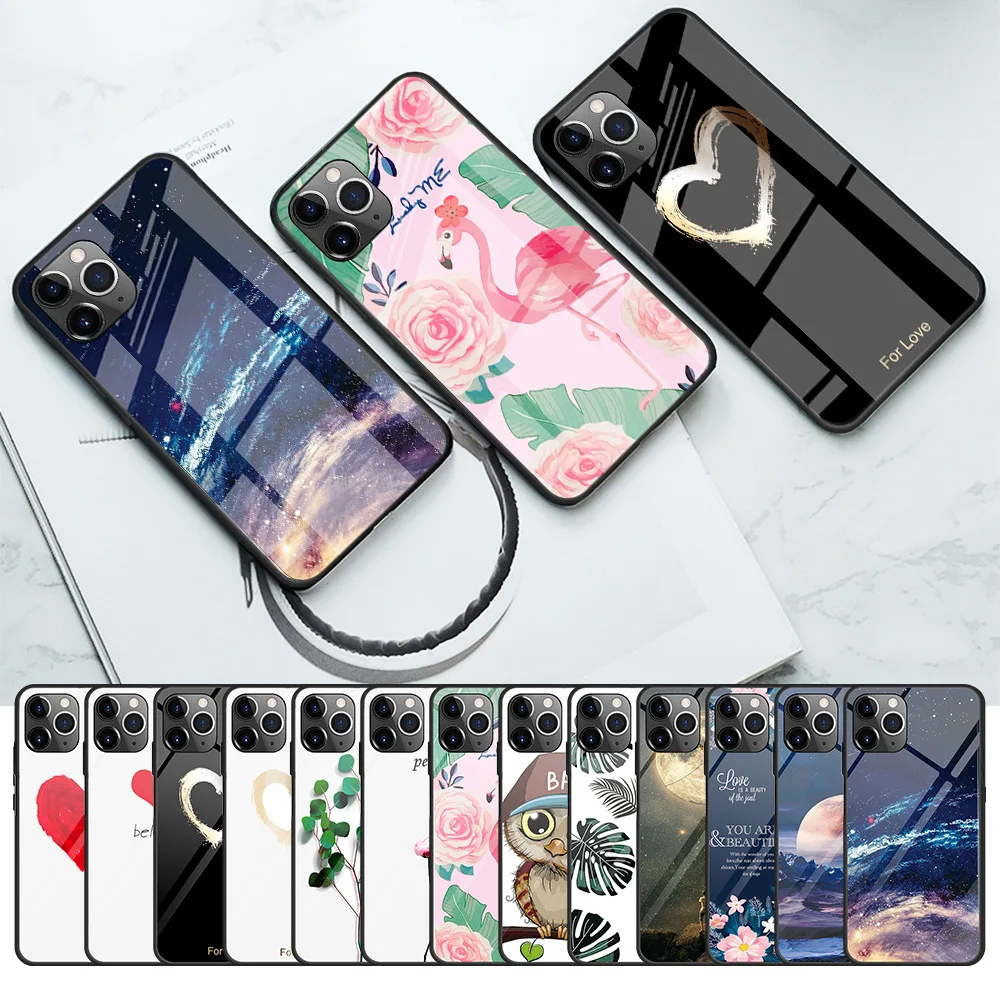 Чехол из закаленного стекла с принтом для iPhone 11 Pro MAX X XS XR звездное небо цветок чехол для iPhone 7 8 Plus 6 6s цветные Чехлы Coque