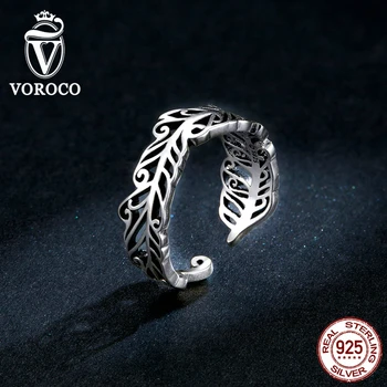 

VOROCO BNR109 Open Ring The Feather Minimalistic Finger Ring Adjustable for Size 56789 Women 925 Sterling Silver Fine Jewelry
