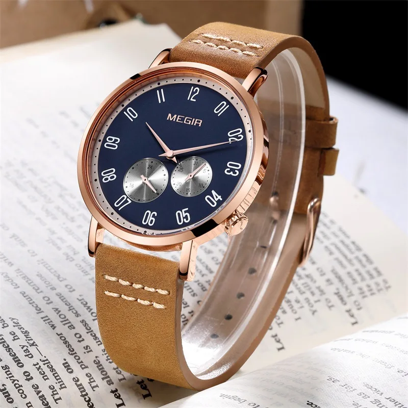 MEGIR New Fashion Quartz Watch for Men Sport Leather Waterproof Mens Watches Top Brand Luxury Wristwatches Relogio Masculino
