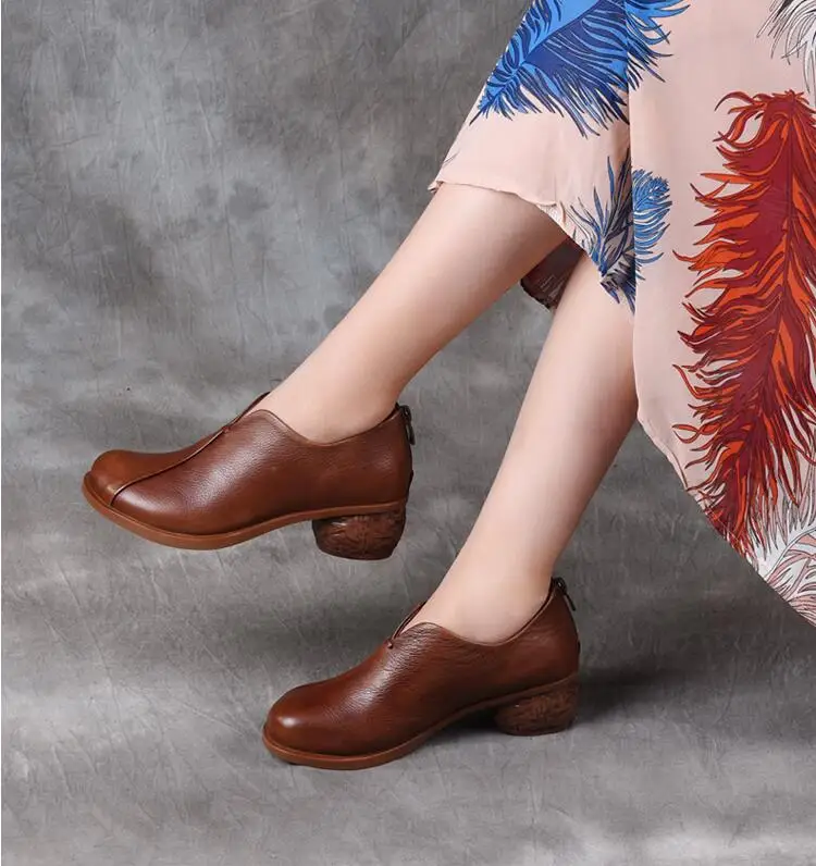 Женская обувь на высоком каблуке из натуральной кожи в стиле ретро; удобные повседневные женские туфли-лодочки на толстом каблуке; Модные женские модельные туфли