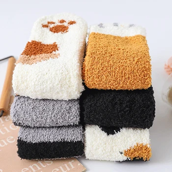

Cartoon Christmas Socks Women Warm Cat Claws Super Soft Coral Velvet Microfiber Cozy Thickening Sleeping Socks Winter Stockings
