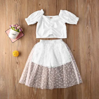 

Kids Girls Clothes Sets White Off Shoulder T Shirts Tops+Lace Skirts Summer Polka Dot Girls Outfits