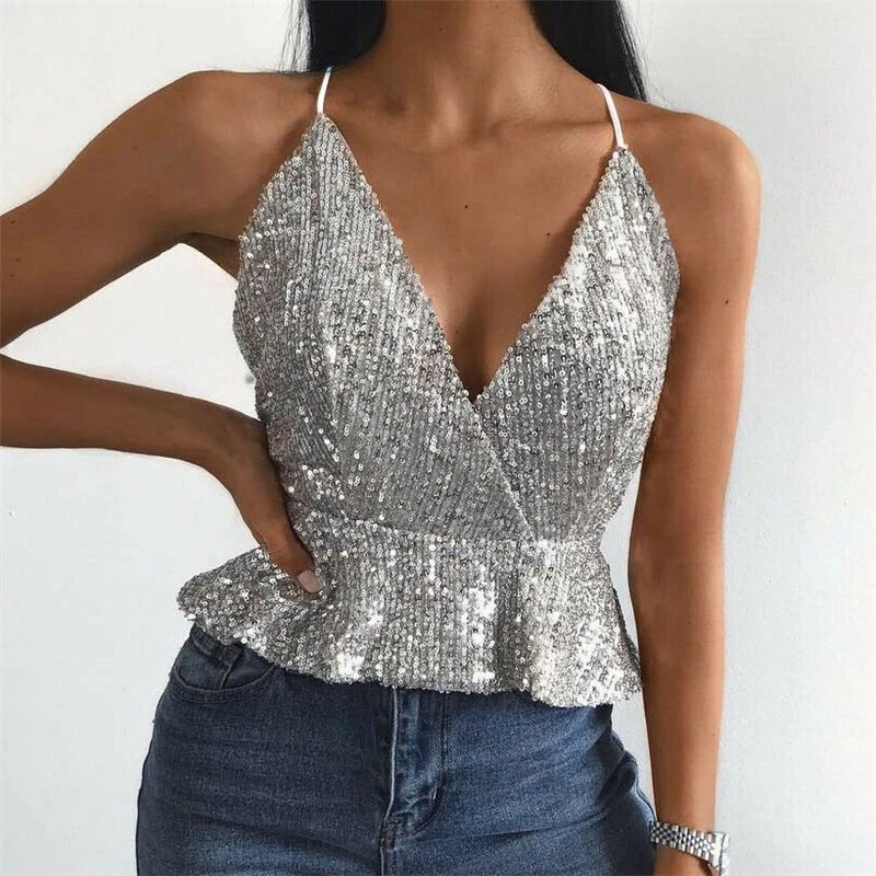

Fashion Women Sexy Sequin Bling Strap Tank Off Shoulder Vest Sleeveless V Neck Backelss Loose Streetwear Evening Party Club Tee