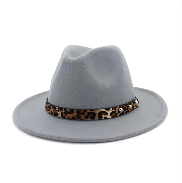 Зима Осень Имитация шерсти для женщин и мужчин дамы Fedoras Топ джаз шляпа Леопардовый пояс круглые шапки котелок H3 - Цвет: light grey