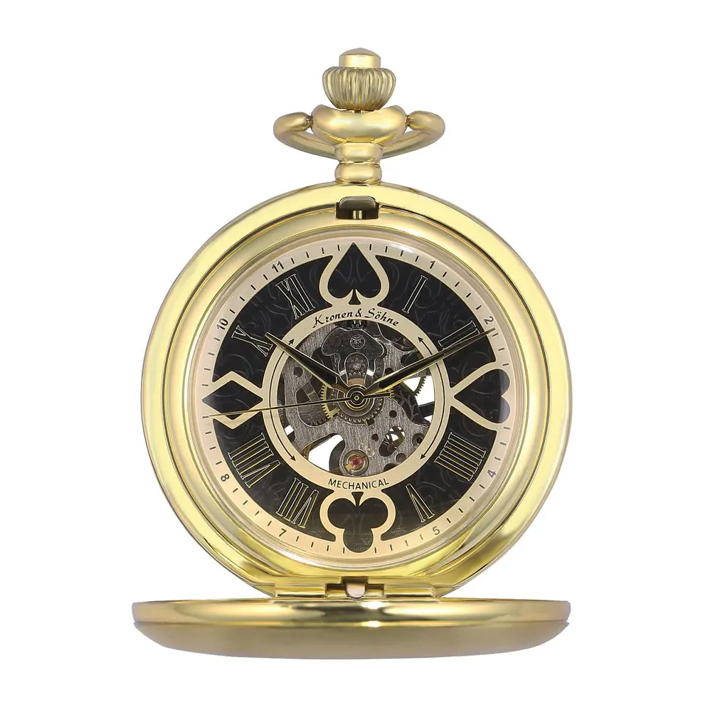 Golden KSP081 KS Skeleton Poker Design Golden Hunter Mechanical Pocket Watch Vintage Hand Winding Clock Fobs Watches Chain Jewelry /KSP081 - Цвет: Golden KSP081