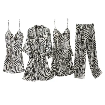 

5 Pieces Pajamas Set Women Satin Ice Silk High Quality Zebra Pattern Full Length Home Wear Sexy Sleepwear with Chest Pad Pajama