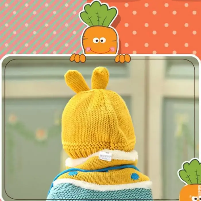 2Pcs Kids Baby Winter Warm Cartoon Rabbit Shape Casual, Street, Outdoor Knitted Cap and 6-48 Months Scarf