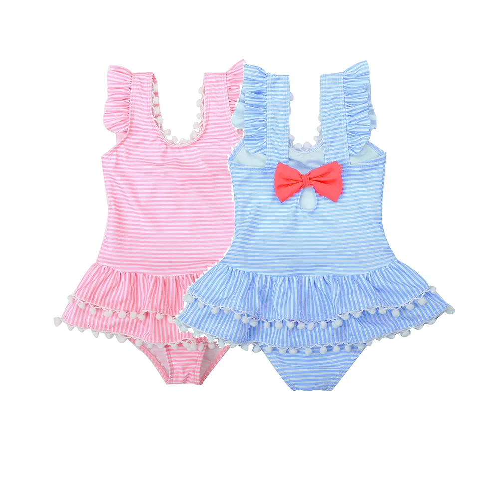 

19 New Style Hot Sales One-piece Swimming Suit Stripes Bow Small Furry Ball Sweet Princess-Style Girls Small CHILDREN'S KID'S Sw