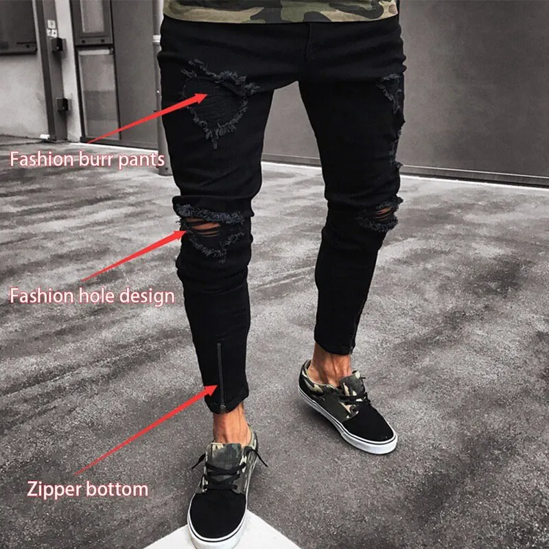 Hot Product Jodimitty Mens Cool Designer Brand Black Jeans Skinny Ripped Destroyed Stretch Slim Fit Hop Hop Pants With Holes For Men