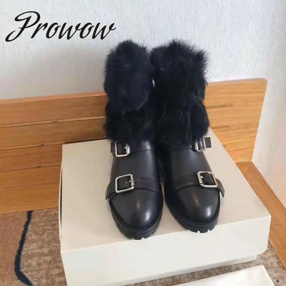 

Prowow New Black Genuine Leather Buckle Strap Ankle Boots Real Fur Zip Side Women Winter Warm Boots Shoes Women