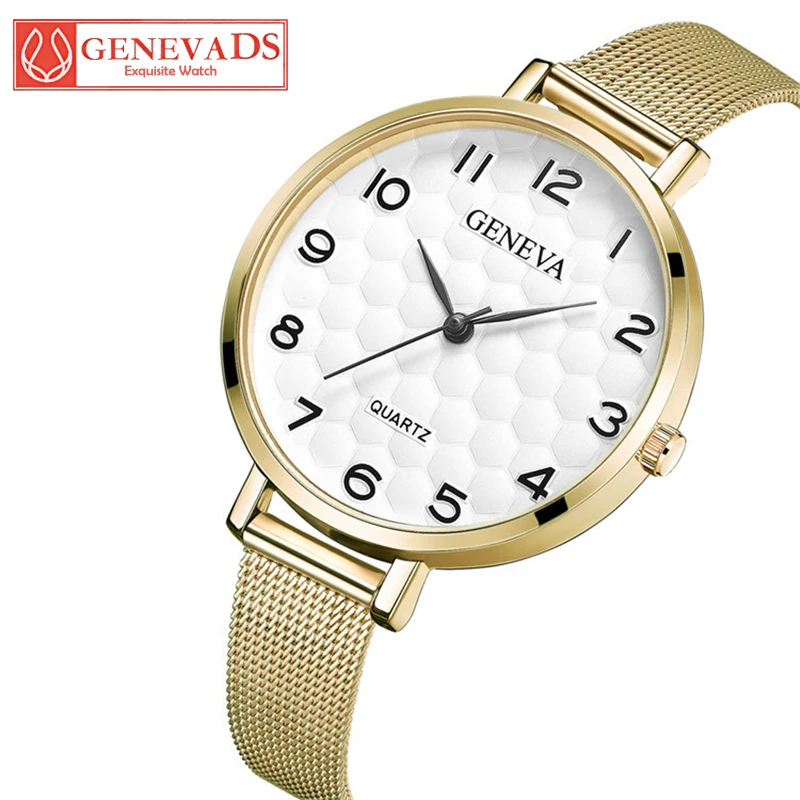 

GENEVA Watch Women Fashion Business All Metal Stainless Steel Mesh Belt Quartz Watches Rose Gold Clock Ladies Dress Wrist Watch