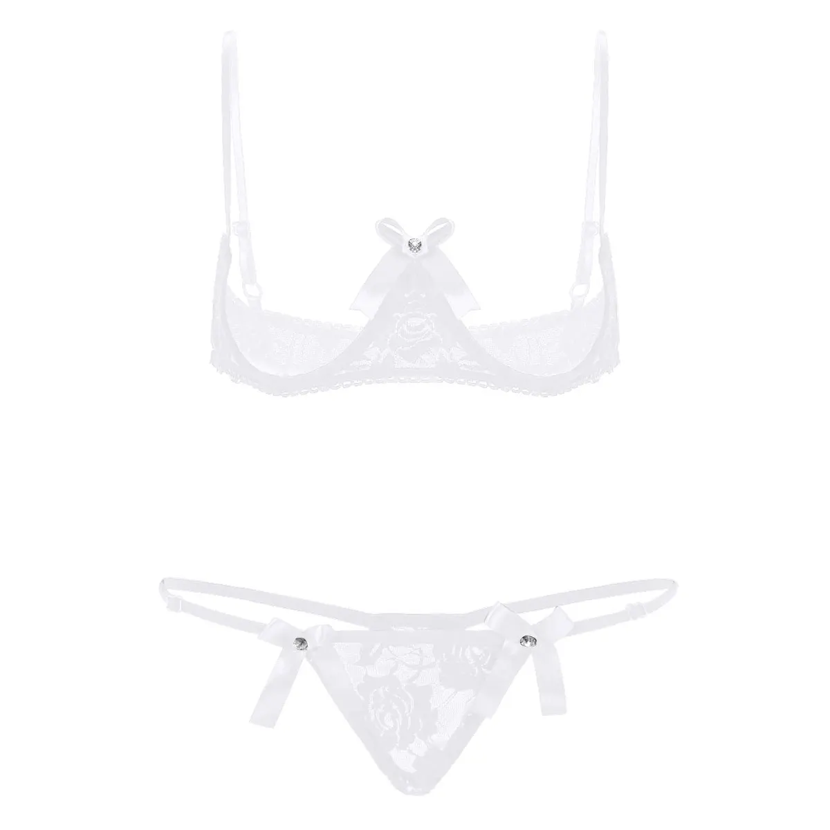 Women Sexy Open Cup Bust Thong Lingerie Set Cupless Bra Lace Underwear  Nightwear