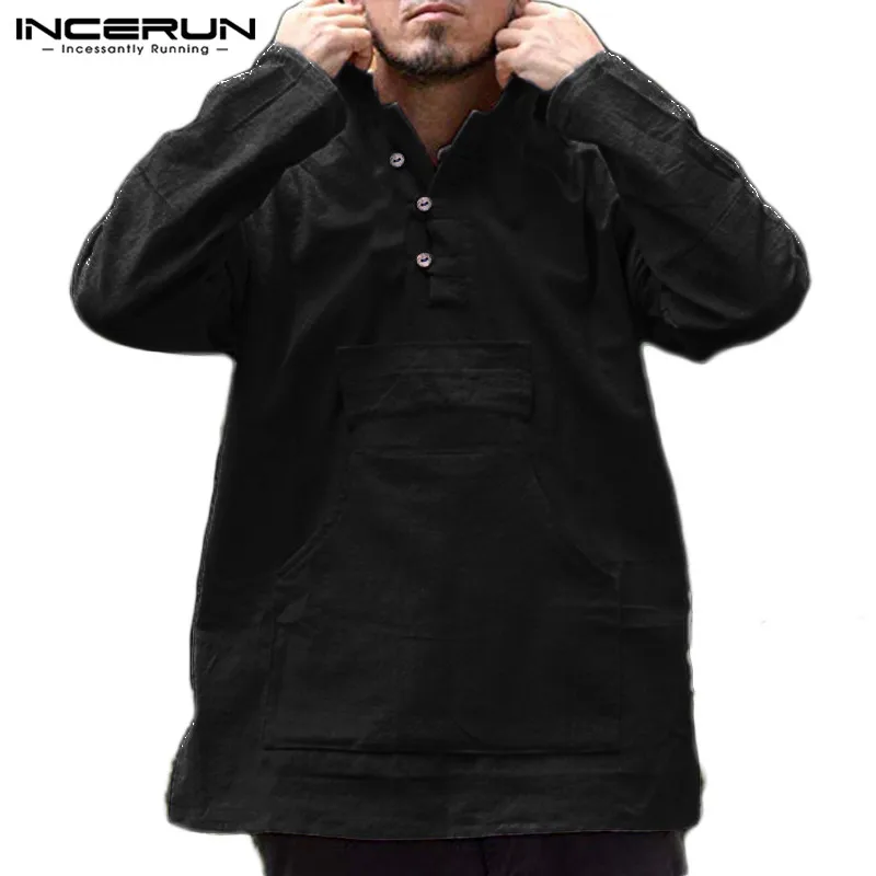 INCERUN китайская мужская футболка с длинным рукавом Хлопок Лен с капюшоном карманы повседневные свободные пуловеры винтажные простые футболки для мужчин S-5XL