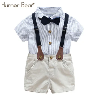 

Humor Bear Children's Suit Fashion New Summer Boys Clothes stripes Short-Sleeved T-shirt+ Overalls+ BowTie Baby Kids Clothing