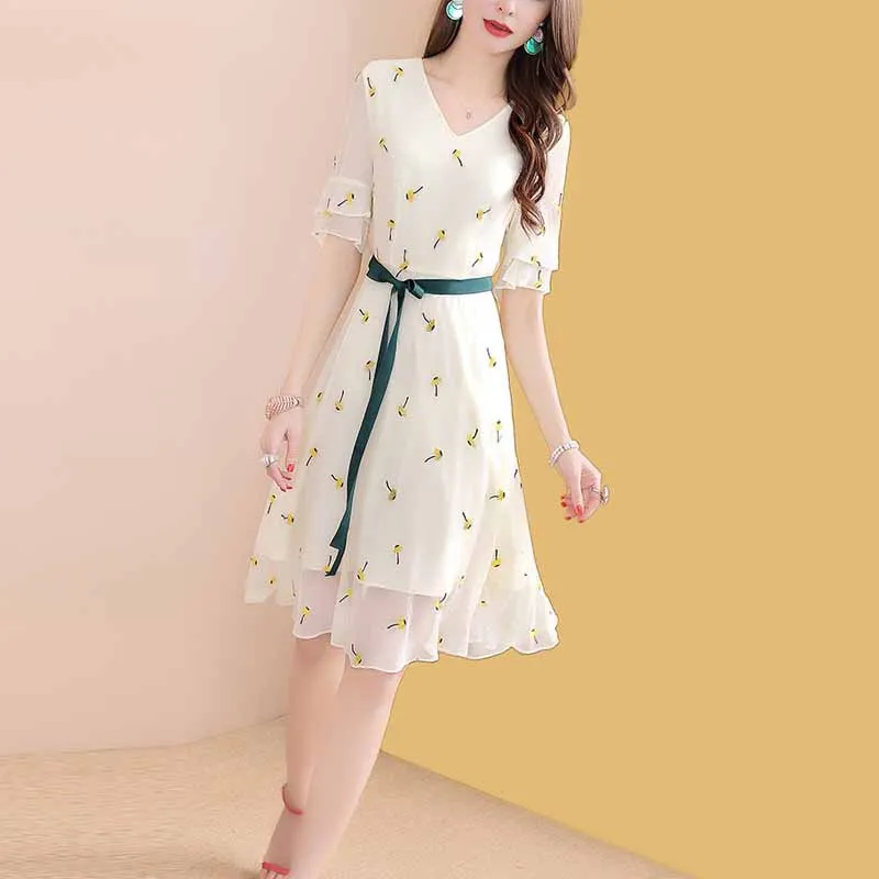 

Ozhouzhan Floral-Print Chiffon Dress Women's Summer 2019 New Style Waist Hugging Mid-length Embroidered A- line Skirt Sub-Hot Se