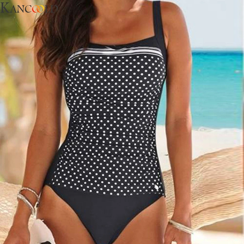 

KANCOOLD Women High Waist Swimwear Ladies Polka Dot Solid Color Sexy Conservative Swimsuit One Piece Beach Wear Female