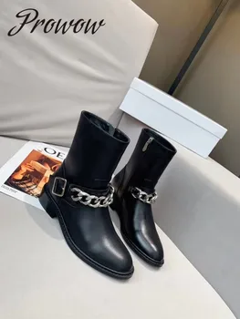 

Ollymurs Genuine Leather Silver Metal Chain Autumn Winter Ankle Boots Round Toe Thick Heel Low Heel Women Boots Shoes Women