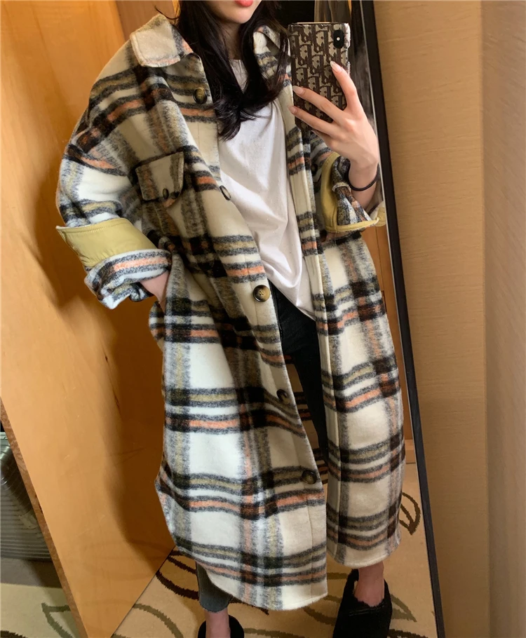 Women Elegant Woolen Coat Plaid Print Wool Turn Down Collar OG0696