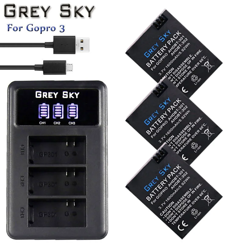 charger and 3battery Bateria Gopro hero 3 hero 3 3+ батарея+ светодиодный 3-слоты USB зарядное устройство для GoPro hero 3 черный/серебристый/белый аксессуары для экшн-камеры - Цвет: charger and 3battery