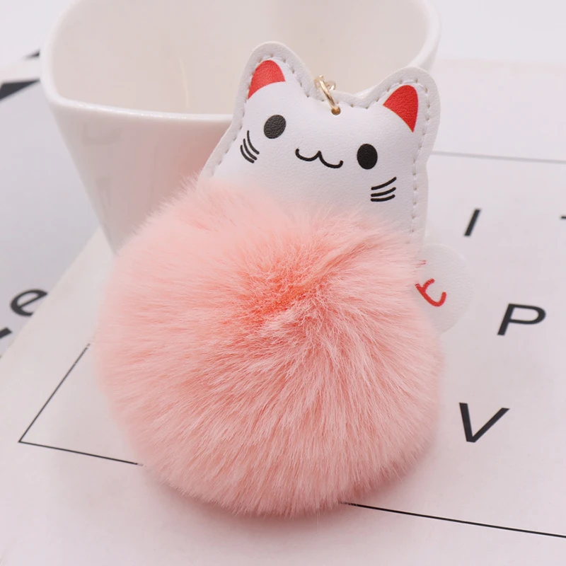 Baby Pink Пушистый милый Счастливый Кот брелок с помпоном из искусственного кроличьего меха, женский брелок для ключей, брелок, подвеска для ключей, ювелирные аксессуары, подарок - Цвет: Baby Pink