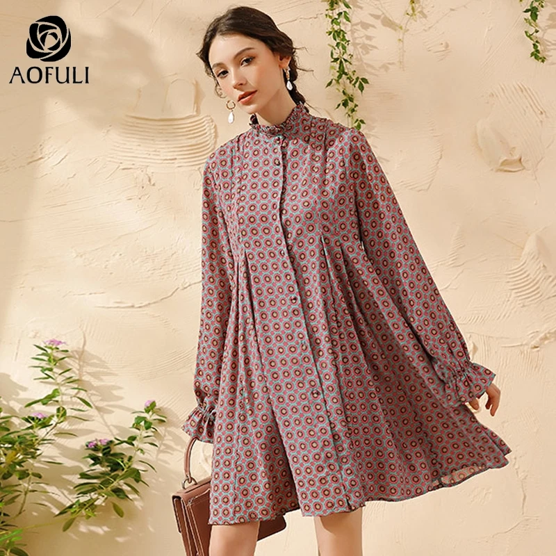

L~ 4XL 5XL Female Floral Printing Loose Casual Dress 2019 Autumn Ruffled Single-breasted A-line Knee-length Big Size Dress A4104