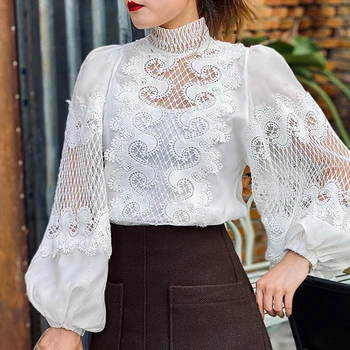 

White Blouse Women Hollow Out Stand Neck Bow Lace Chiffon Shirts Embroidery Lantern Sleeve Loose Europe Runway Tops 2020 A619