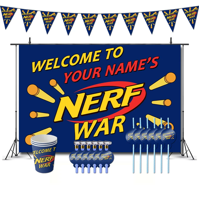 Nerf War-decoraciones para fiesta de cumpleaños, juego de pistola para niños, juguete para niños, suministros de tema, Banner, taza