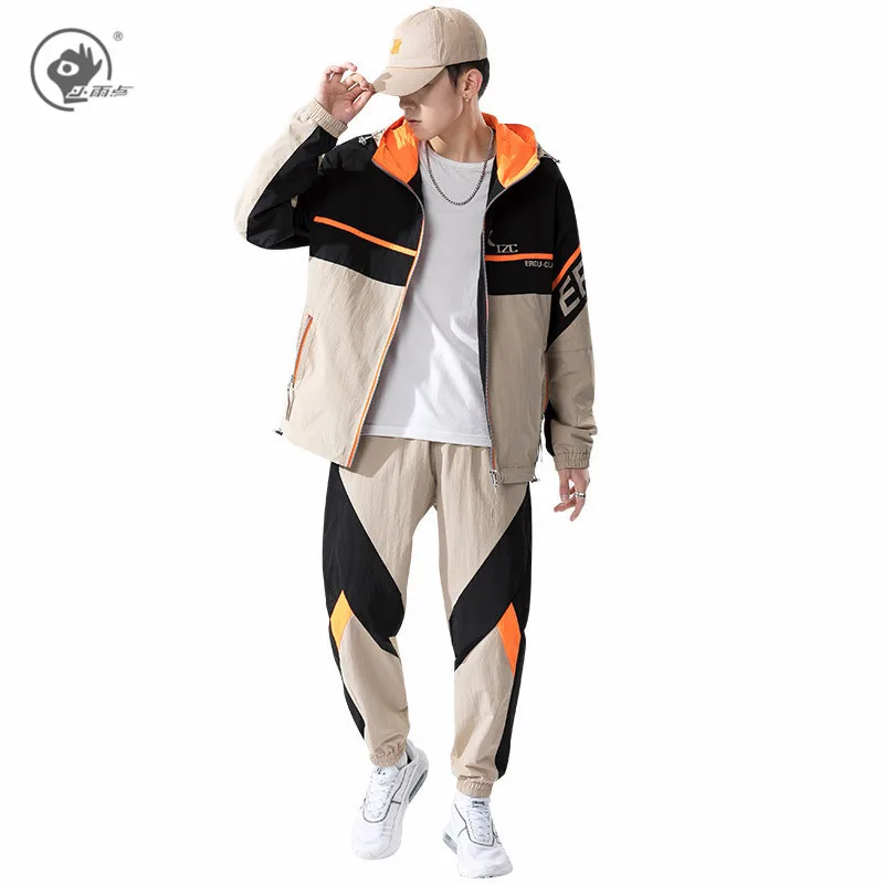 

Little Rain Men Sportswear Set Hoodies Tracksuit Men Patchwork Hip Hop Hooded Jacket+Pants Male Casual Two Pieces Track Suit